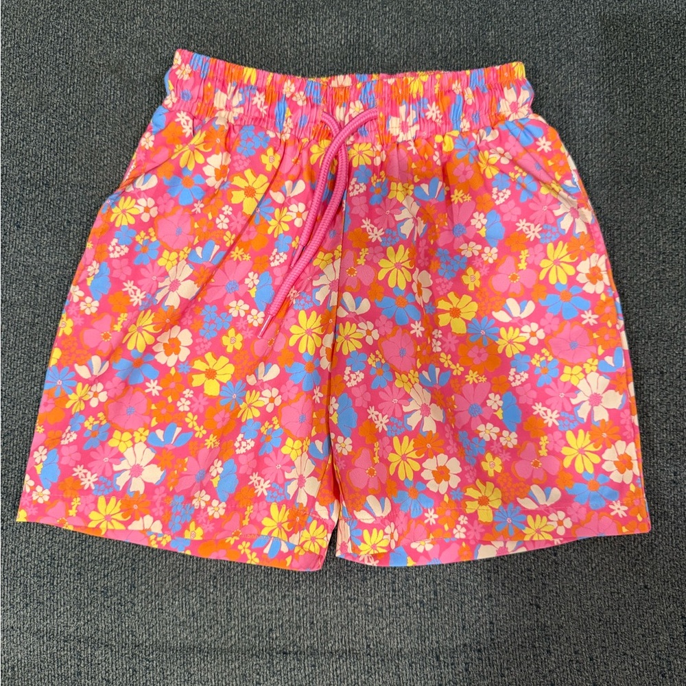 Pink Lily Vibrant Pink and Yellow Swim Trunks with Quick-Dry Fabric